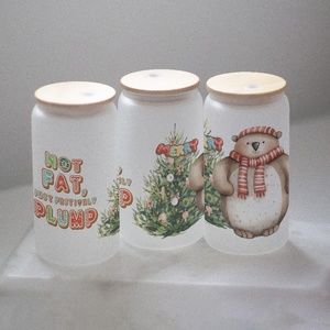 Christmas Cute Character Glasses cup 16 oz glass cup with Straw & Bamboo Lid.